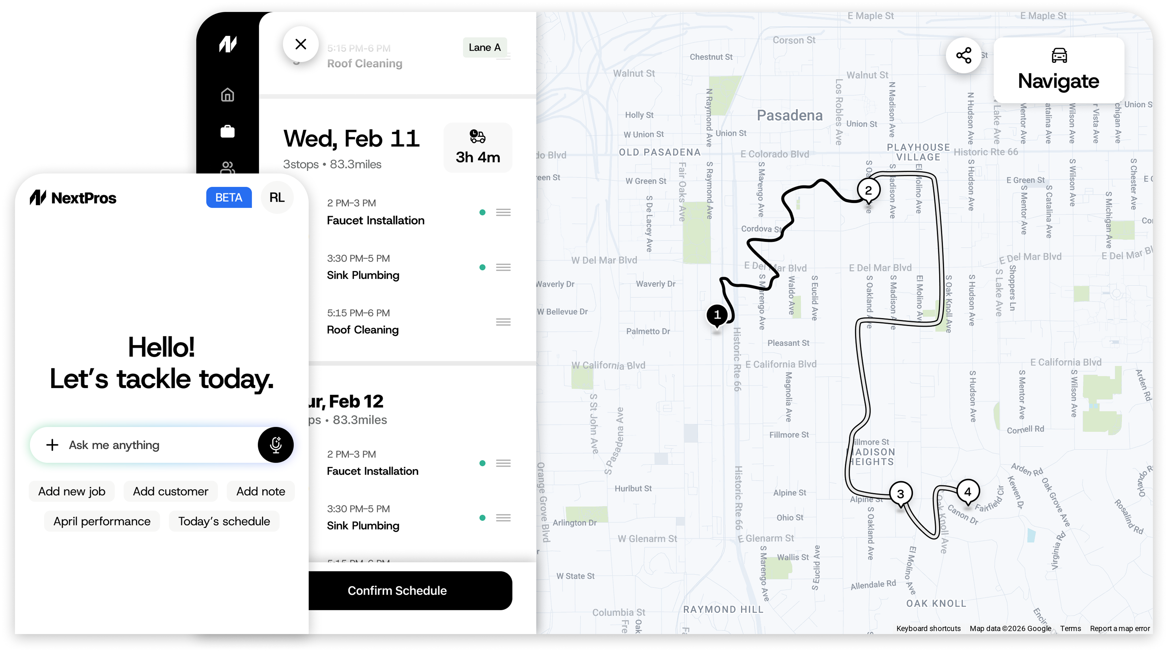 NextPros app showing job scheduling and route map